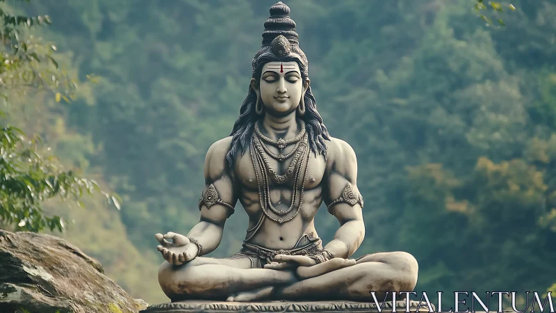 Monumental stone meditative deity statue in misty forest setting