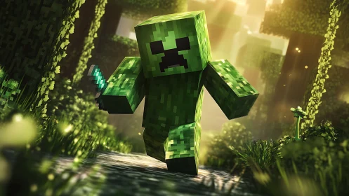 Voxel creeper sprinting through luminous forest corridor.