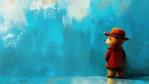Small bear in red coat against large blue painted wall.
