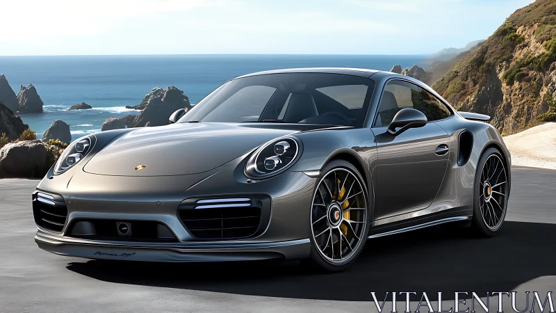Silver sports coupe parked on coastal road with cliffs and sea.