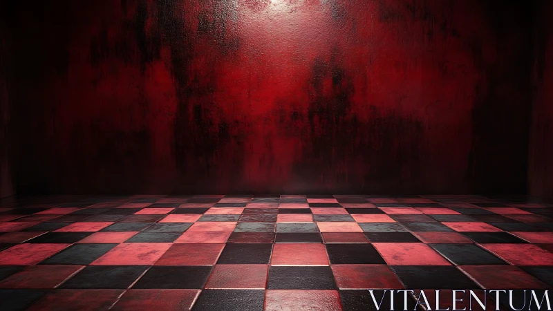 Crimson checkered chamber glows with eerie cinematic tension.