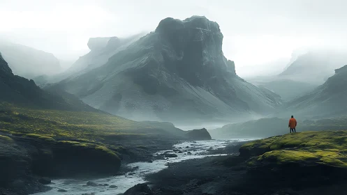 Solitary observer in glacial valley under stratified fog layers.