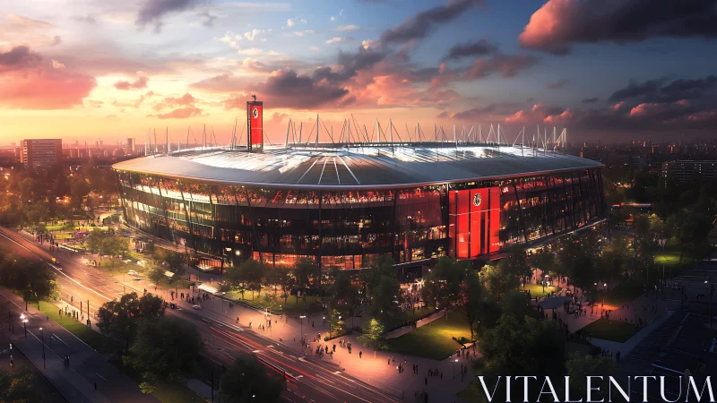 Modern football stadium glows at sunset above a vibrant city