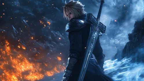 Stormlit swordbearer amid blazing rift and frozen sea.