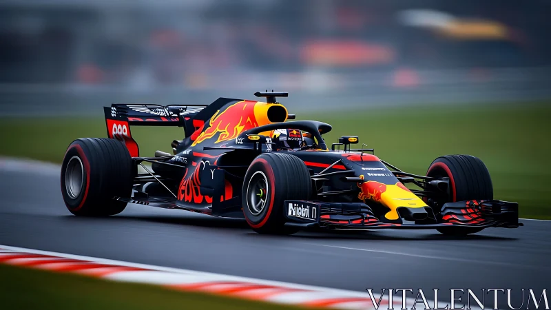 Aerodynamic Formula racing car under wet-track load transfer.