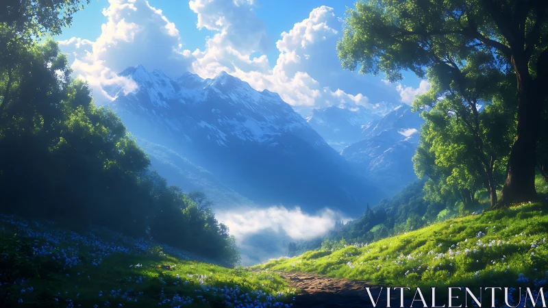 Sunlit alpine valley with snow peaks and wildflower meadow.