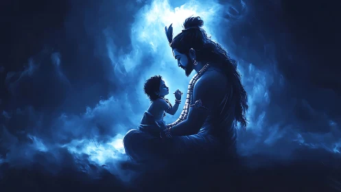 Divine father and child in luminous blue cosmic mist.