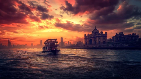 Glowing harbor sunset welcomes a ferry toward a grand gateway