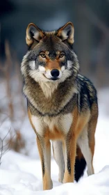 Winter wolf portrait with intense gaze in snowy forest.