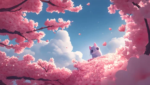 Soft-lit chibi cat centered in dense pink cherry blossom canopy
