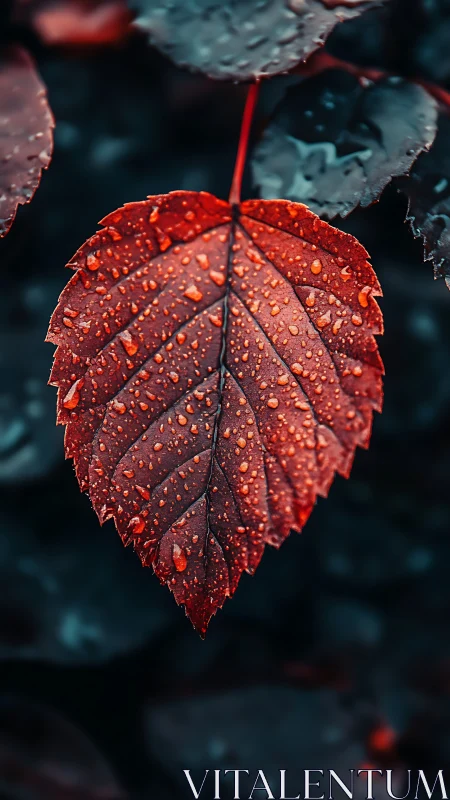 Red leaf with rain droplets glows against dark foliage