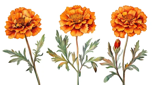 Botanical watercolor study of three orange marigold blooms