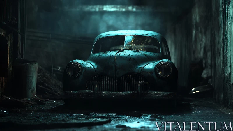 Rust-slicked classic car broods in a damp neon alleyway.