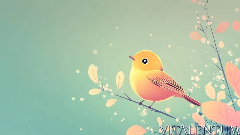 Cute Yellow Bird on Branch, Soft Pastel Digital Illustration.