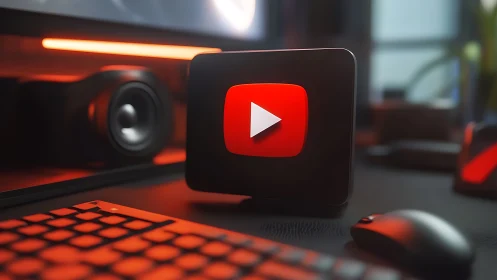 YouTube play icon stands on RGB-lit desktop workstation