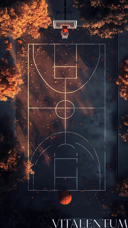 Autumn aerial basketball court with moody chiaroscuro lighting.