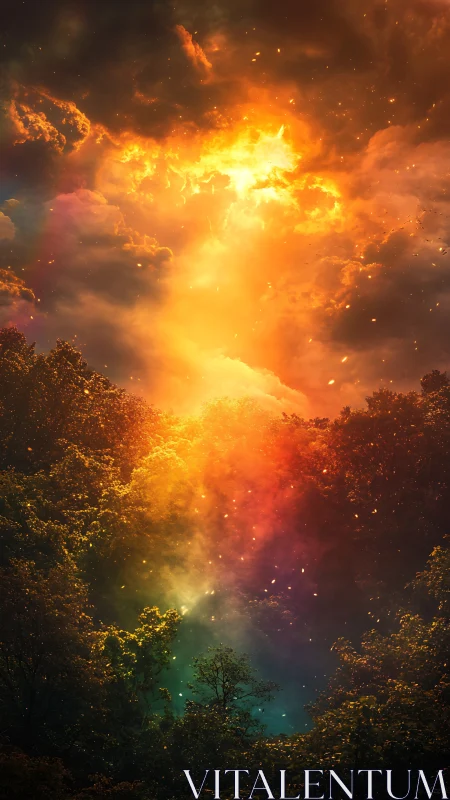 Ethereal Heavenly Light Breaking Through Forest Canopy