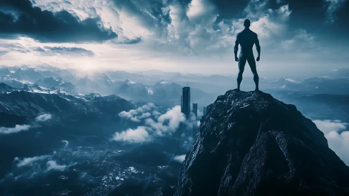 Heroic silhouette overlooks futuristic city amid storm clouds