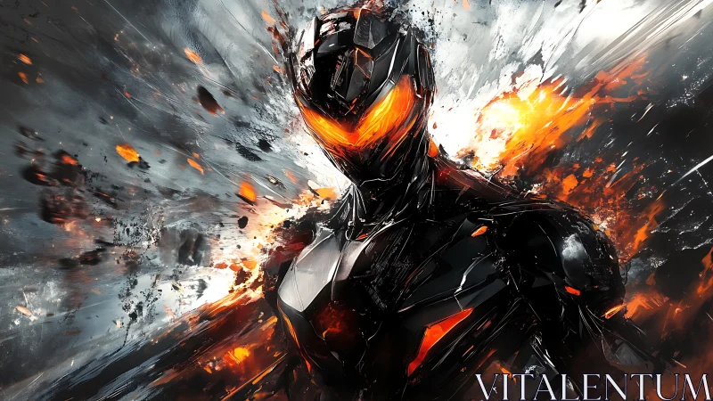 Molten-core cybernetic warrior in fragmented explosive environment