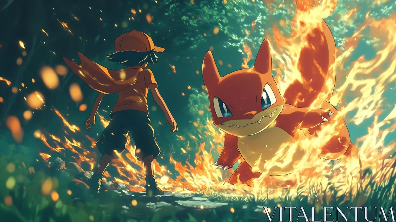 Trainer with Fire-type Pokemon in explosive combat scenario.