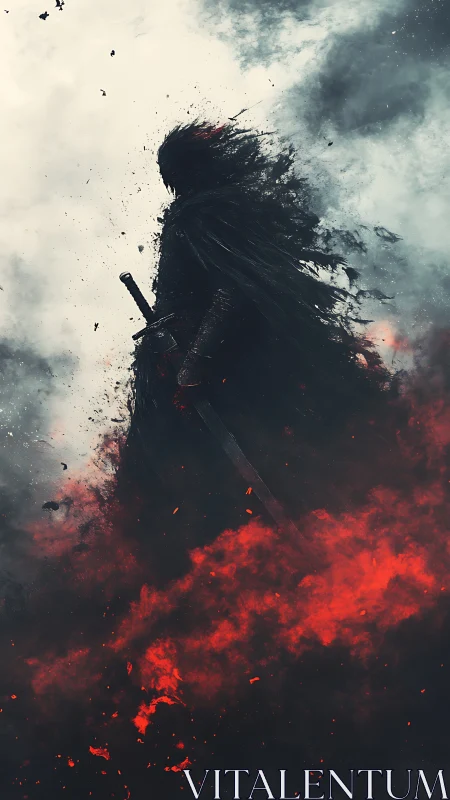 Volcanic ash wreathed dark knight silhouette in rising embers