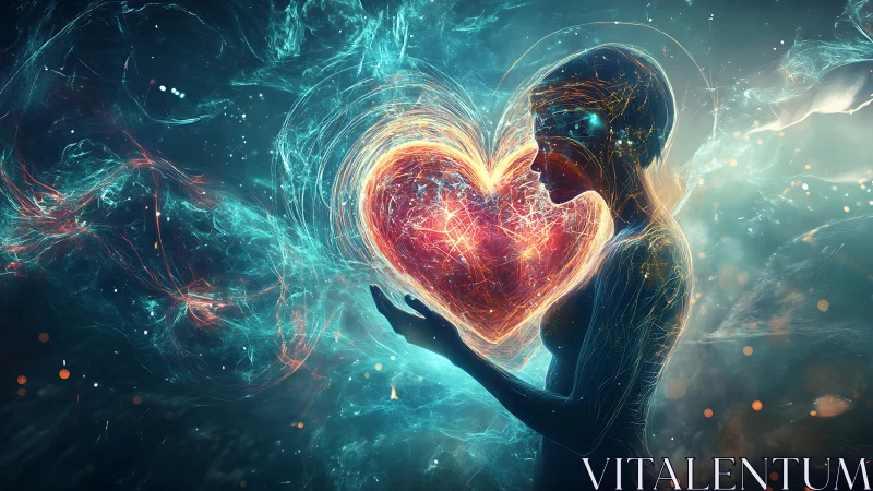 Digital Figure Holding Glowing Heart in Ethereal Energy Field.