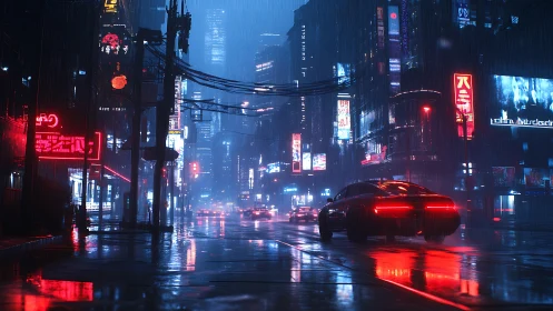 Neon soaked night drive through a rain glazed future city.