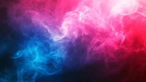 Colorful swirling blue and pink smoke cloud on dark backdrop.