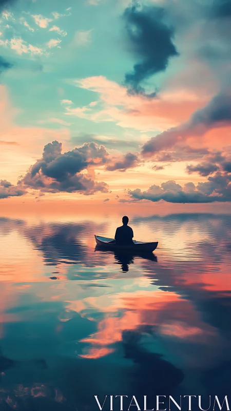 Solitary figure sits in small boat on reflective water surface