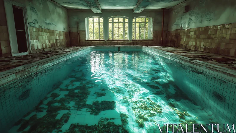 Sunlit abandoned indoor pool shimmers with haunting calm