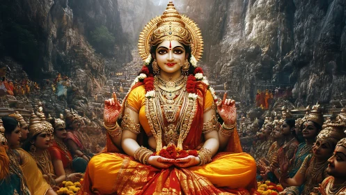 Hindu goddess idol in orange robes amid cave gathering.