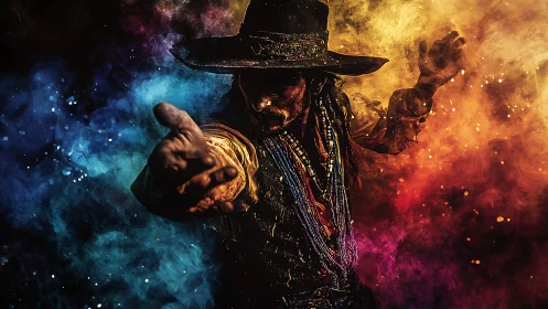 Central figure extends arm amid contrasting colored smoke