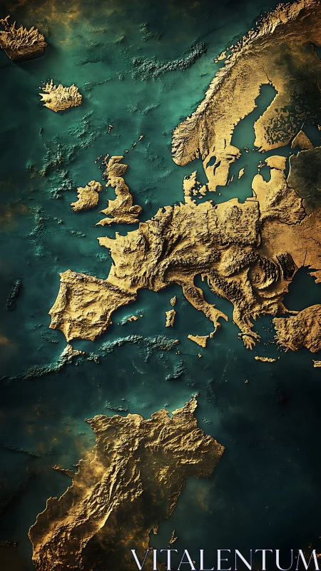 Gilded Europe rising from teal seas in sculpted relief.