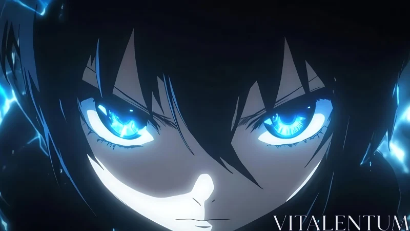 Electric gaze of determined anime warrior in darkness.