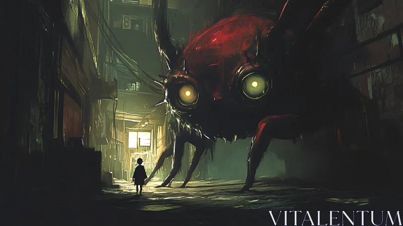 Child confronts colossal red insectoid in neon alleyway.