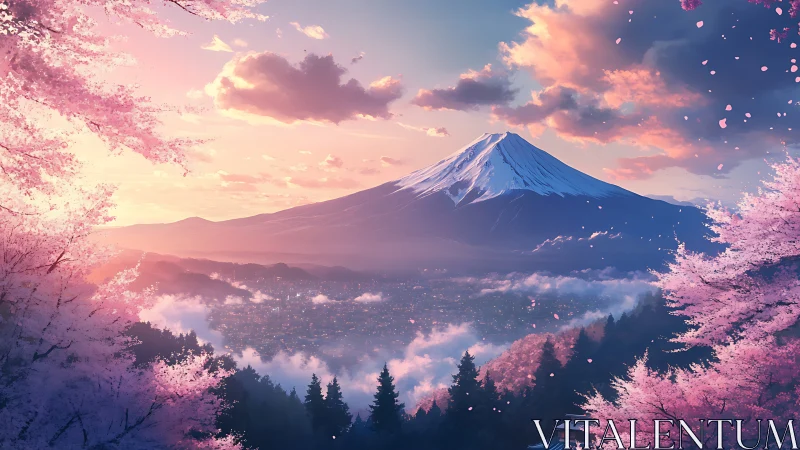 Snowcapped mountain overlooks cherry blossoms at sunset