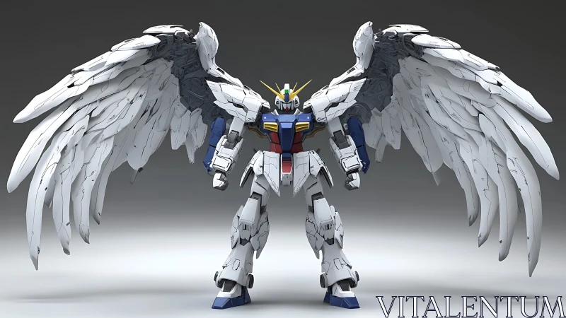 Winged bipedal combat mecha in symmetric frontal deployment.