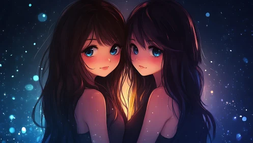 Anime twin portrait with luminous bokeh and dual lighting focus.