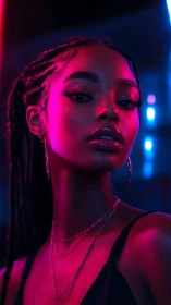 Neon-lit digital portrait of woman in vibrant magenta glow.