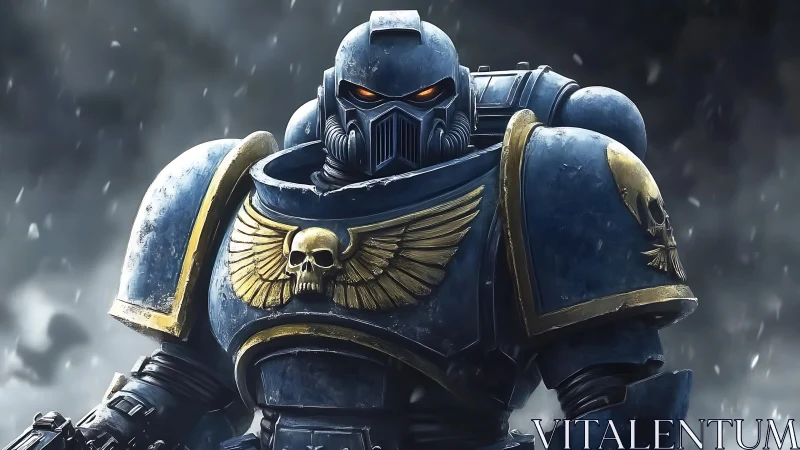 Grim knight in blue power armor quietly owns the storm