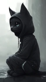 Anthropomorphic black cat in hooded outfit on wet pavement.