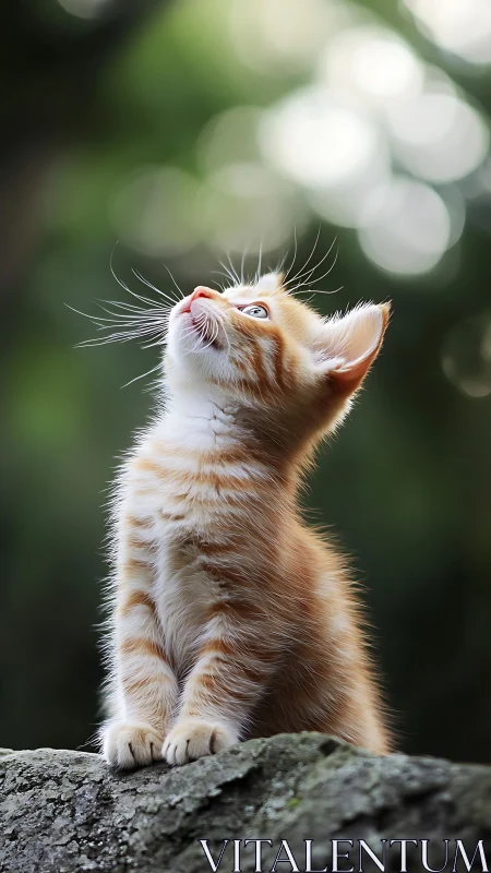 Ginger Tabby Kitten in Upward Gaze with Detailed Whisker Definition