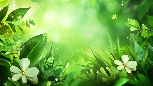 Emerald hush garden with shy white blossoms glowing softly.