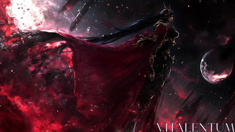 Scarlet warrior queen strides through a storm of crimson stars