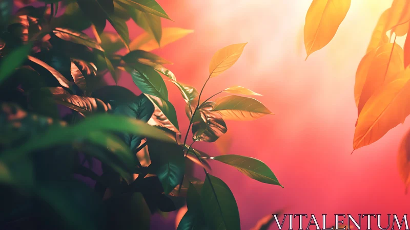 Lush green leaves in golden sunlight, dreamy nature art style.