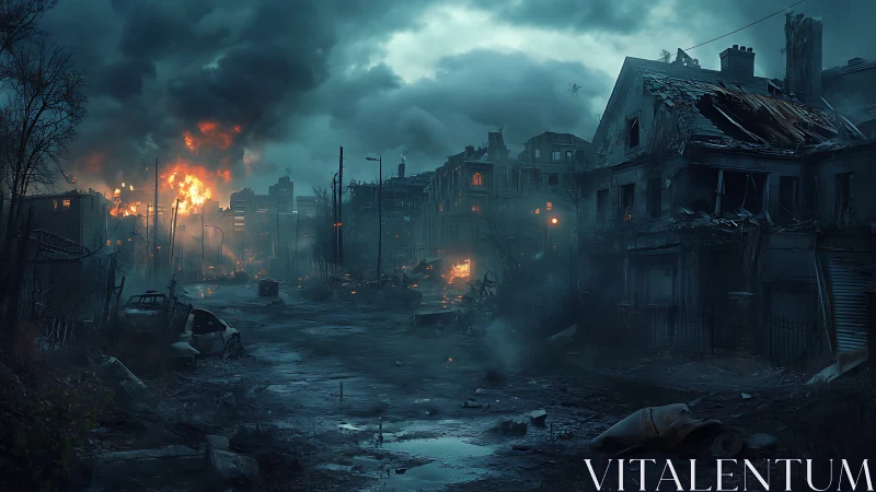 Post-apocalyptic urban firestorm with structural collapse detail.