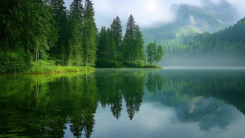 Misty alpine lake mirrors evergreen forest in soft dawn light