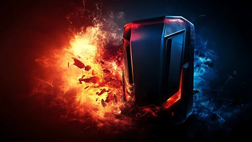 Gaming PC tower stands amid red fire and blue smoke contrast