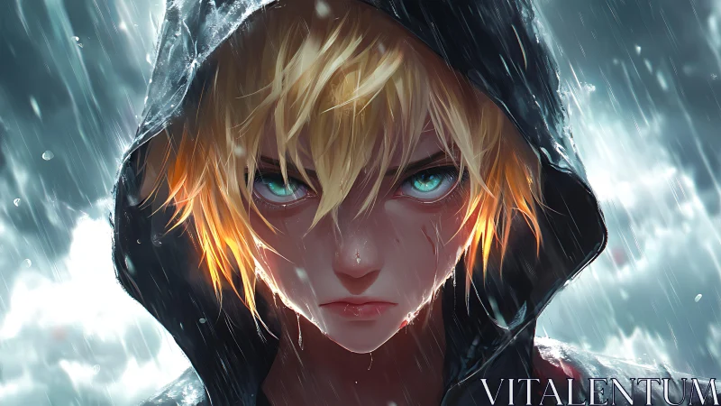 Storm-eyed avenger under rain-slashed midnight hooded glare.