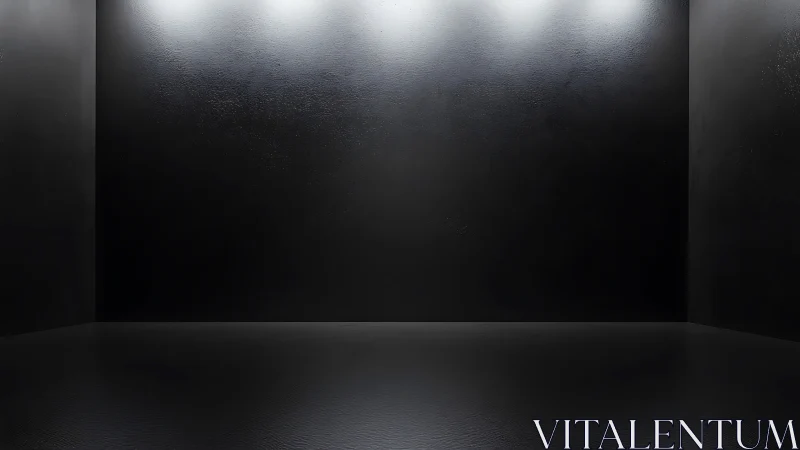 Minimalist black gallery room with overhead strip lighting.